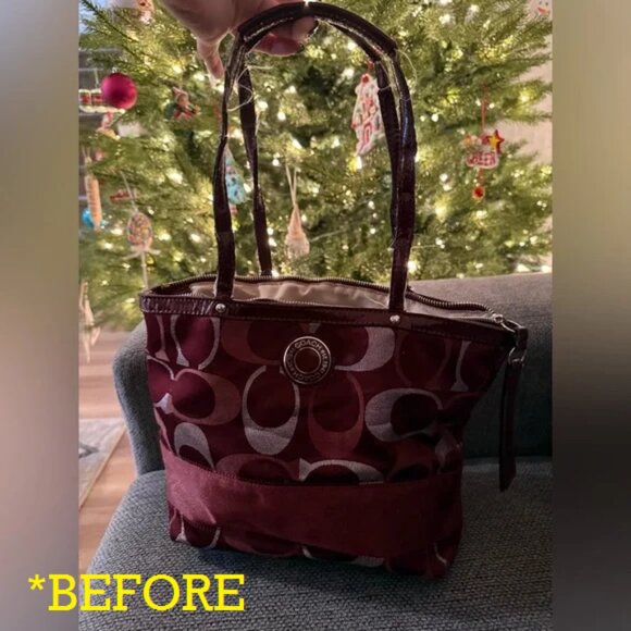 Coach Signature "C" Metallic Stripe Tote Silver Maroon H1276-F20429 Re-worked* - Picture 6 of 17